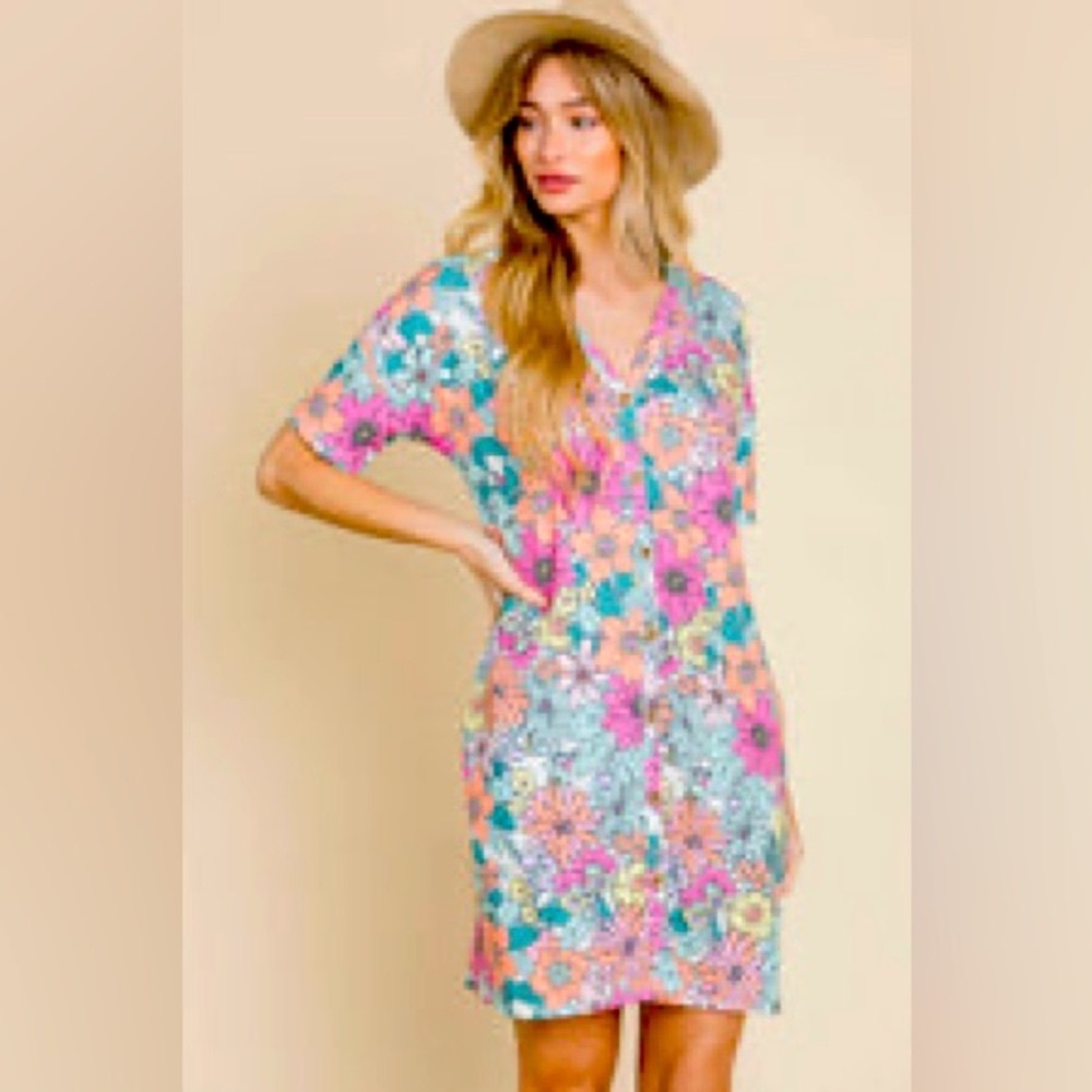 BOMBOM Floral Button Down Dress M - Picture 2 of 7